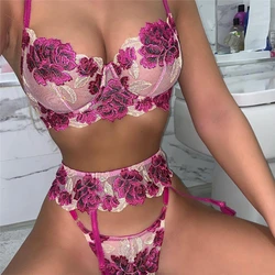 Comeondear Floral Lingerie Sexy Fancy Underwear Embroidery Big Size Garters Brief Sets Lace Transparent Underwire Bra And Thong