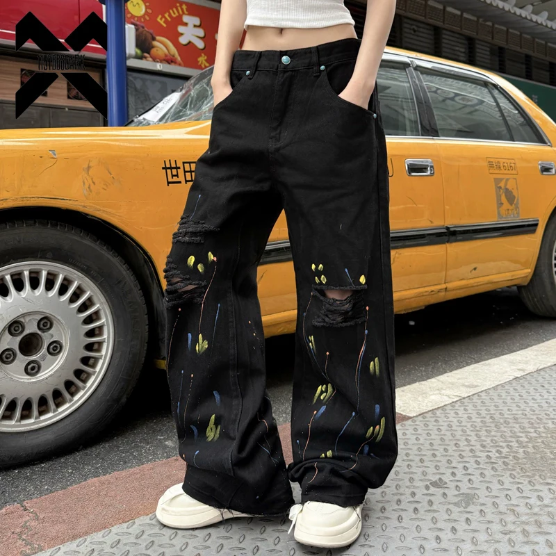 2026 New Streetwear Distressed Jeans Paint Splatter Ripped Straight Denim Pant American Loose Casual Long Trousers Black