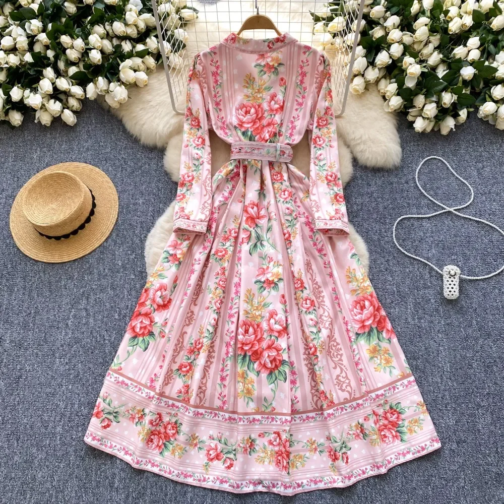 French Style Fresh Sweet Floral Print Women Dress Turn-down Collar Long Sleeve Belt Robe Slim A-line Big Swing Panelled Vestidos