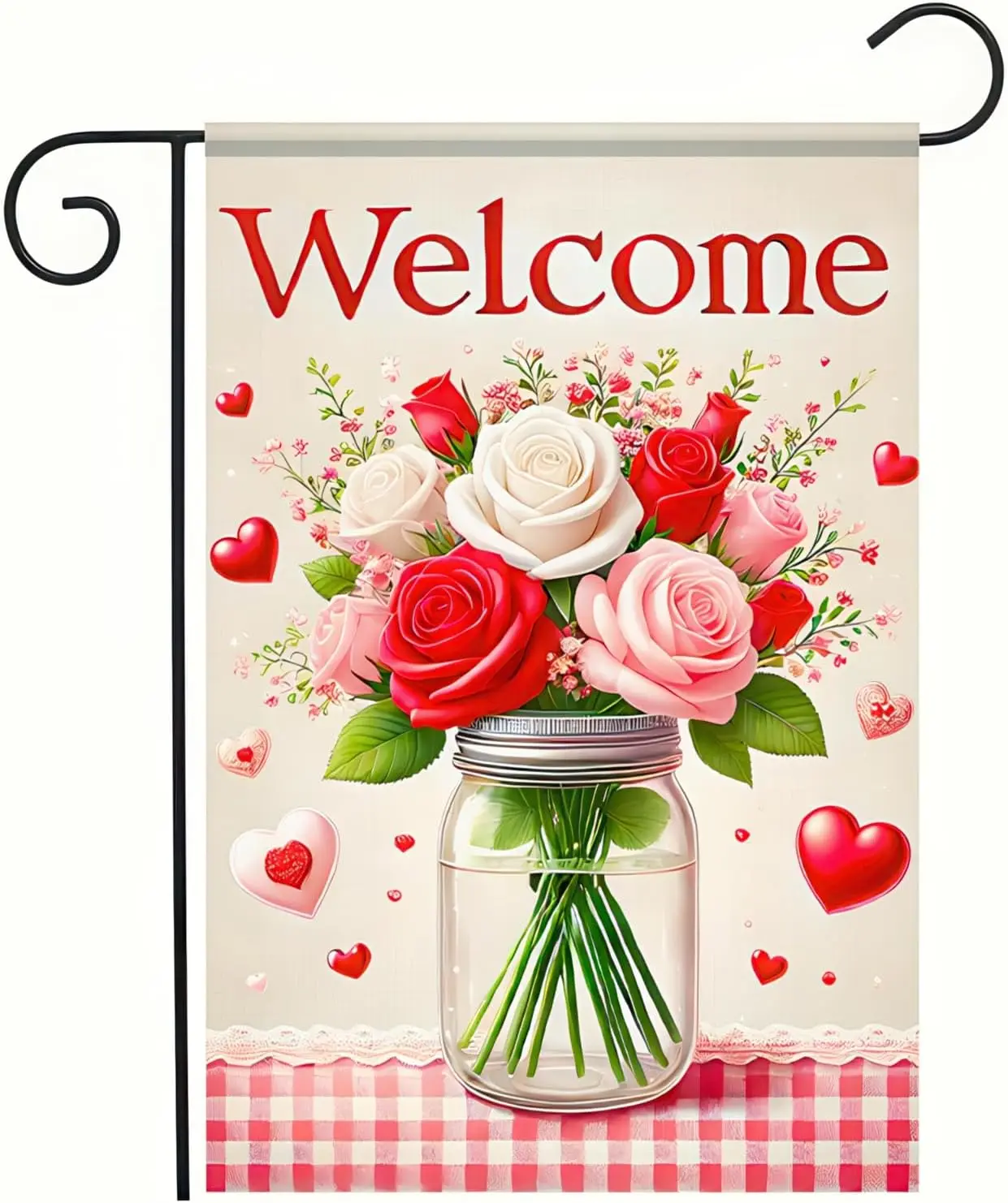 Happy Valentine’s Day Garden Flag 12x18 Inch Double Sided Welcome Rose Mason Jar Design Small Outdoor Yard Flag Romantic Lov EEZ