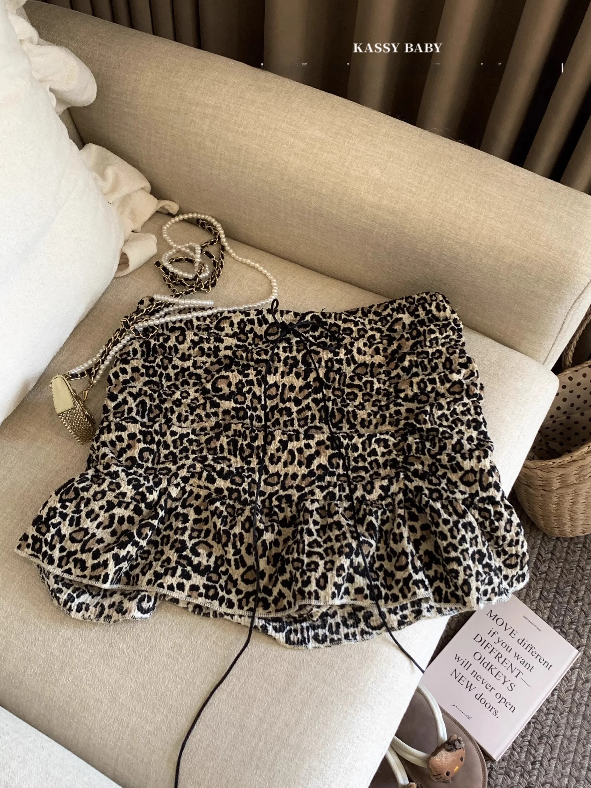 High Waist A-Line  Skirt Women's Summer Slimming Prevent Exposure Leopard Print Ruffle Hem Halter Neck Top Korean Style