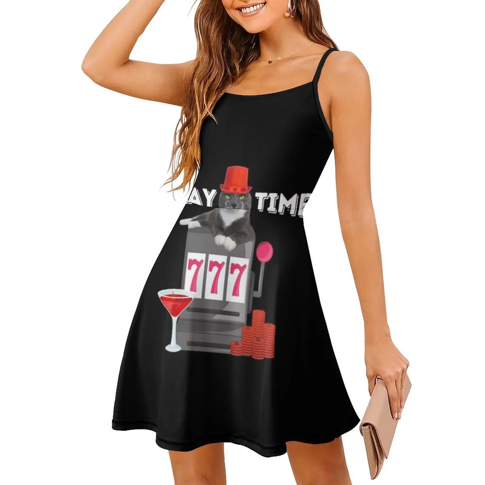 مضحك القمار القط فتحة الوقت الأزهار سموك فستان للنساء الربيع الصيف فستان كاجوال للحزب مضحك القط فتحة آلة كازينو #4