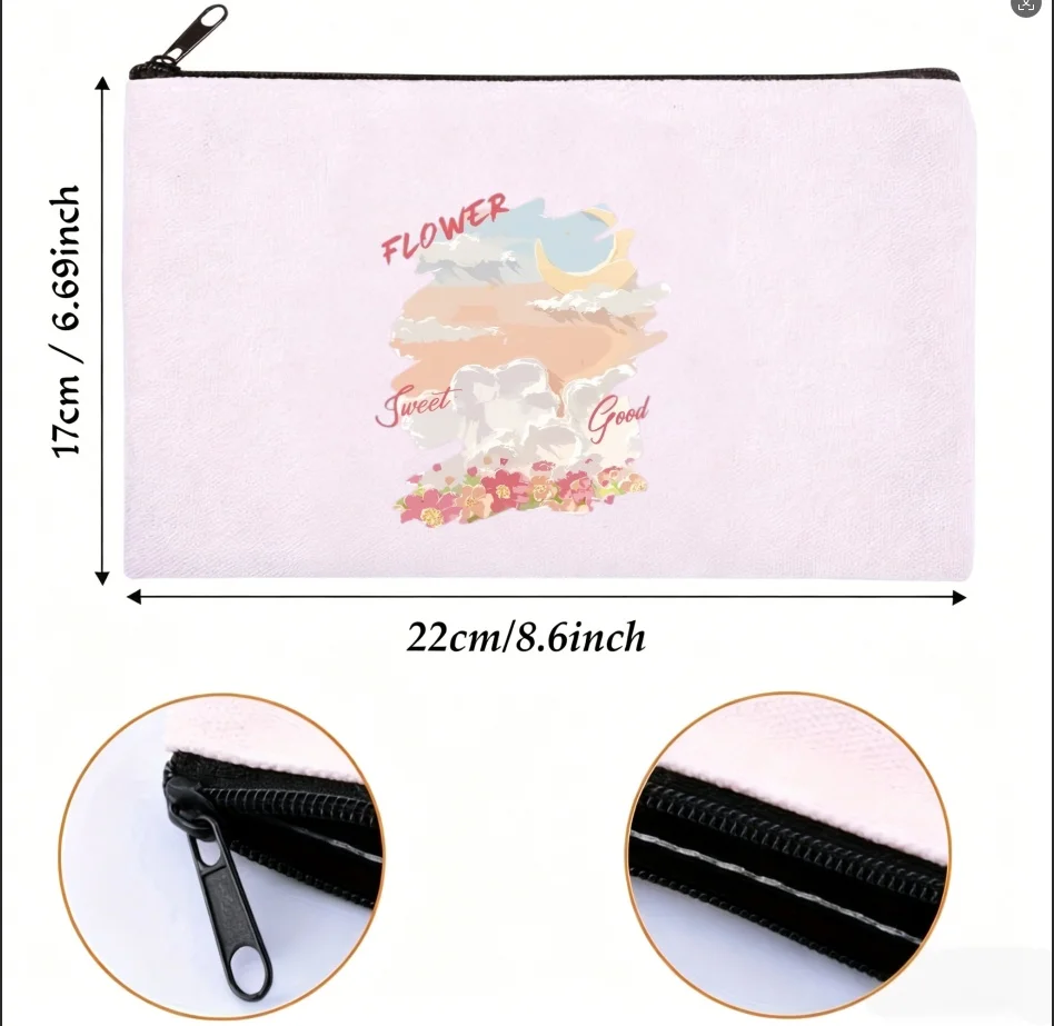1PC Sweet Good Flower Moon Cloud Landscape Print Canvas Cosmetic Bag Zipper Makeup Storage Pouch