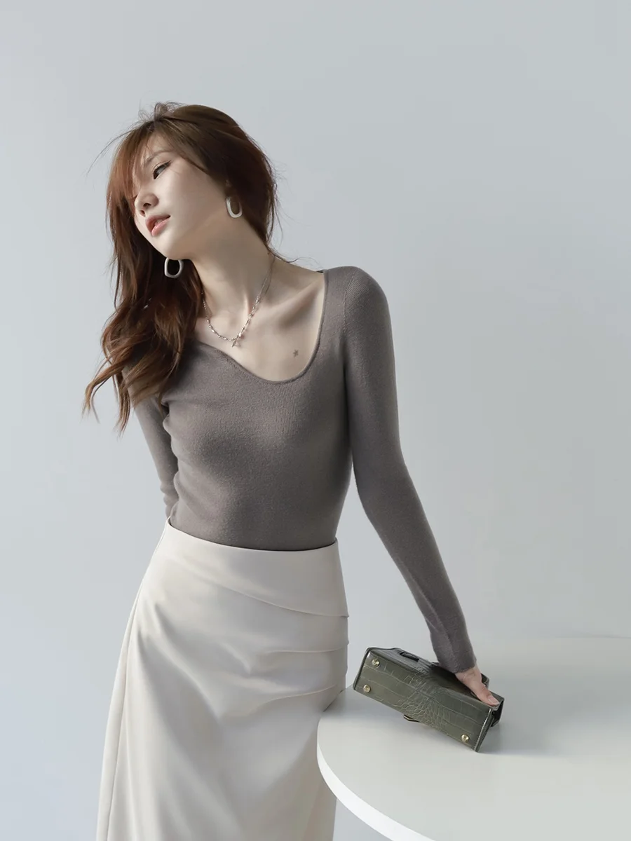 

Элитный высокоточный трикотажный свитер из шерсти для тяжелой промышленности, облегающий, однотонный, MZOMXO Commute Sle