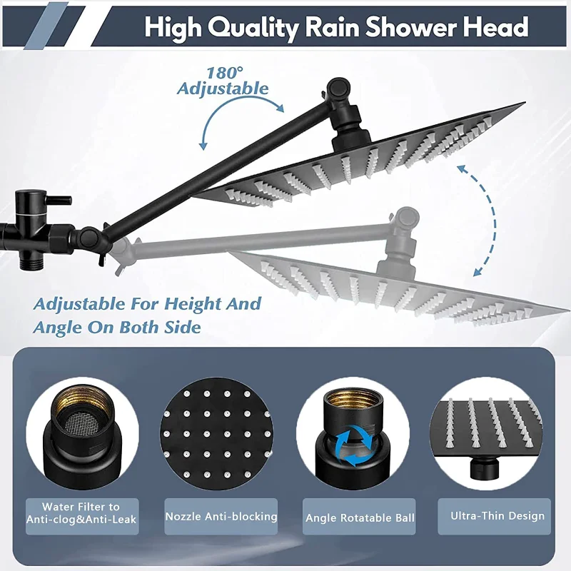 Luxury Bathroom Black Shower System 8/10/12 Inch Rain Shower Set with Hand Showerhead Stainless Steel Bathroom Shower Faucet Set