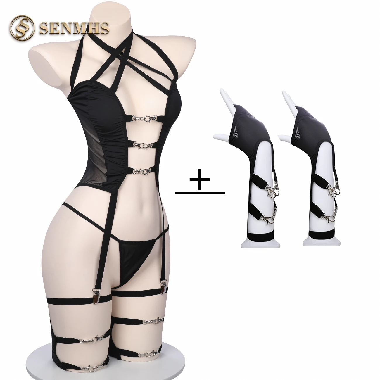 SENMHS Sexy Lingerie Set Radical Queen Leotard Highleg Three-in-One Garter Bustier Underwear T-back Bondage Gloves