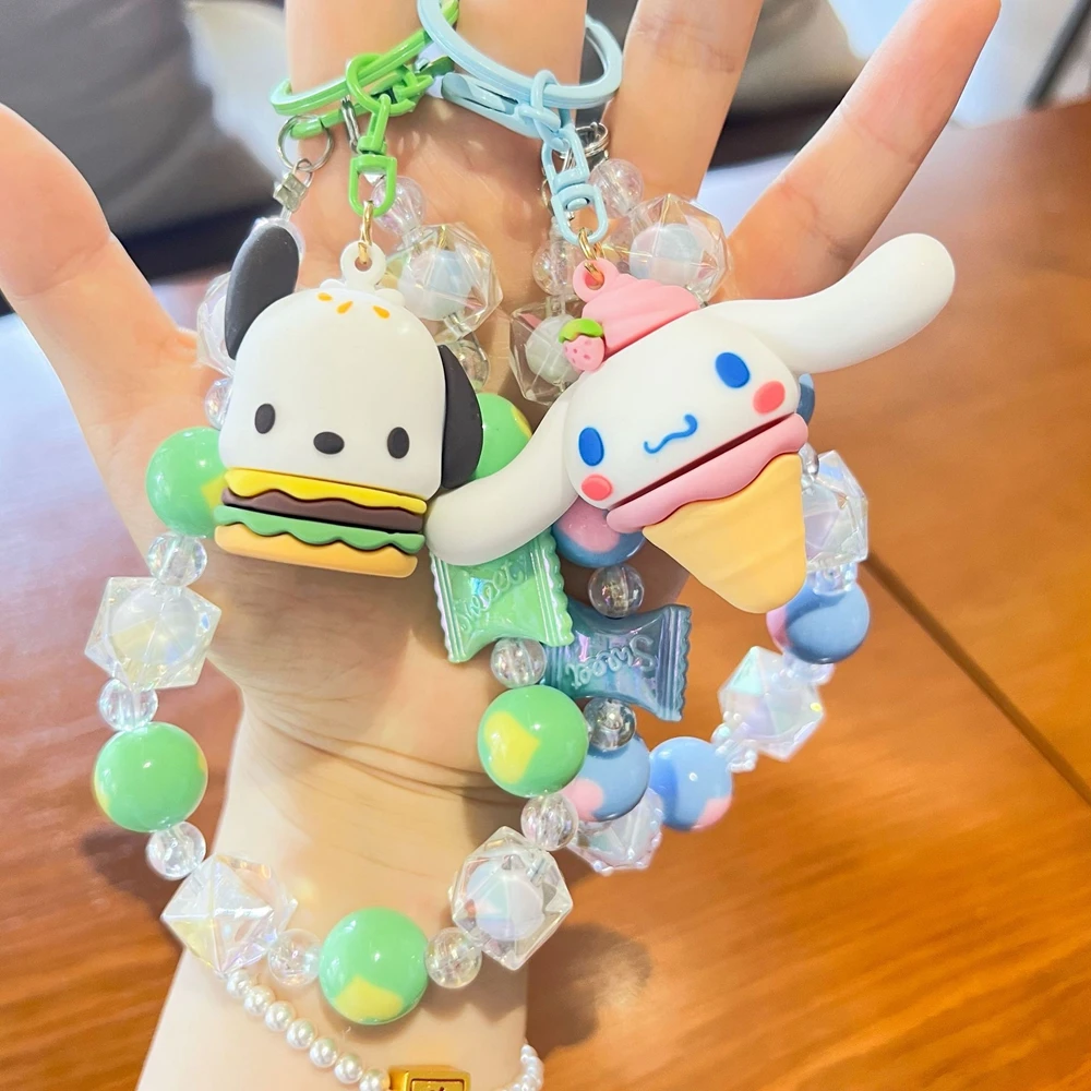 Sanrio Anime Figure Keychain Hello Kitty Melody Kuromi Cinnamoroll Candy Bead Mobile Phone Chain Doll Pendant Couple Car Gift