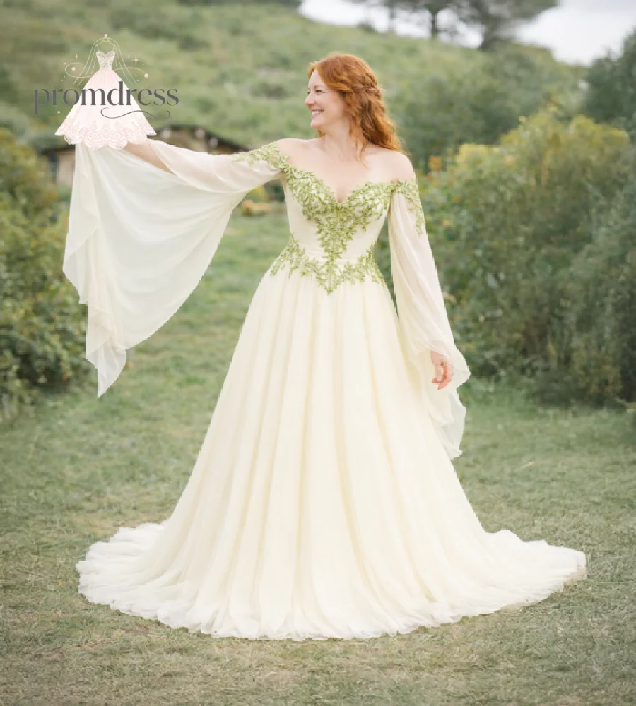 Off Shoulder Fairy Forest Wedding Dress Cream Ivory Green Leaf Lace Appliques Bishop Long Sleeves A Line Flowy Bride Customized