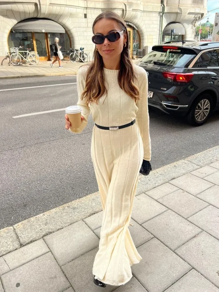 Female Solid Ribbed Knitted Dress Fashion Chic Elegant O Neck Long Sleeve Dresses Autumn Winter Women High Street Loose Robes