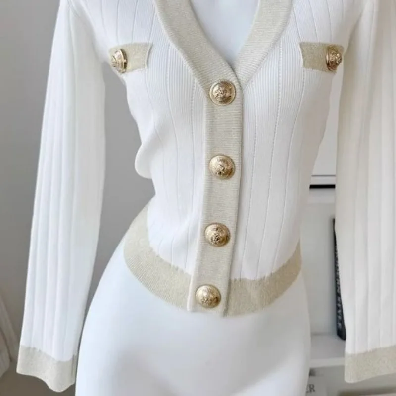 Spring Autumn Coat Slim Knitted Cardigan Women Metal Buttons Design Sweaters Soft Long Sleeve Tops Outerwear Chic Knitwear New