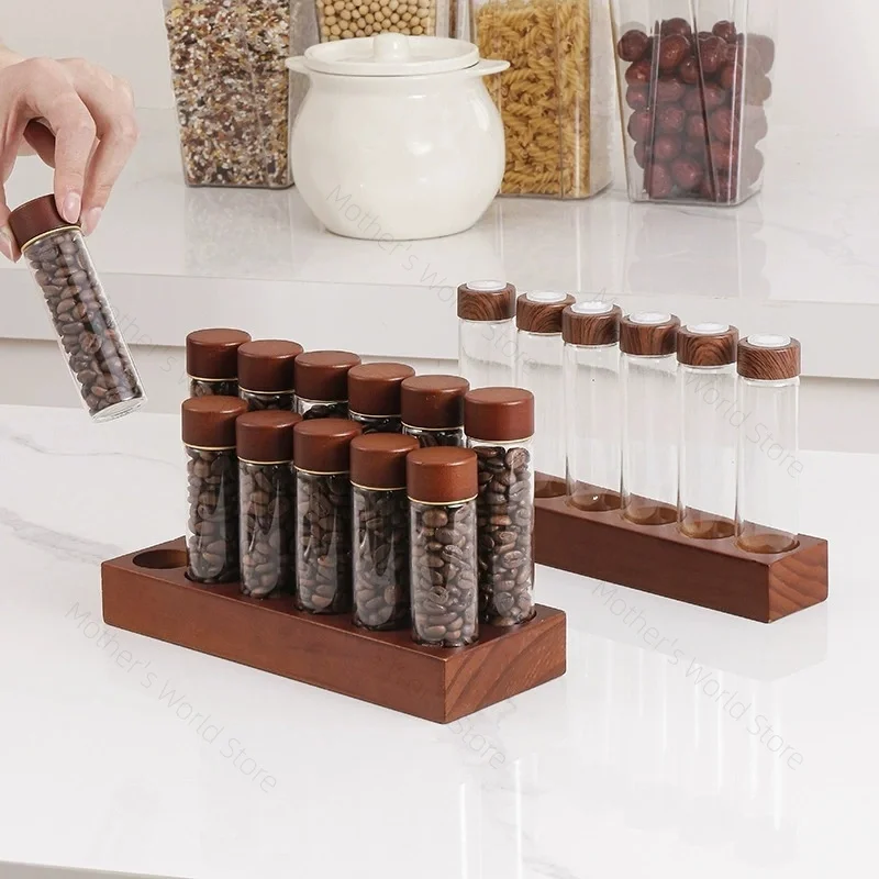 

Airtight Sealed Glass 12Tubes Coffee Beans Storage Containers 20g Single Dose Aroma Valve with Coffee Bean Storage Wooden Holder