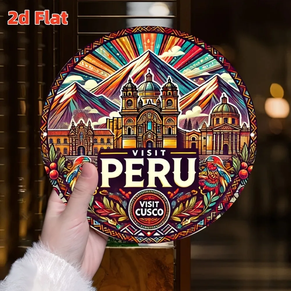 لوحة فنية جدارية معدنية مسطحة ثنائية الأبعاد لمدينة بيرو كوسكو - زخرفة ثقافية أنندية مستديرة مقاس 7.8 بوصة معبد ماتشو بيتشو وإنكا للشمس