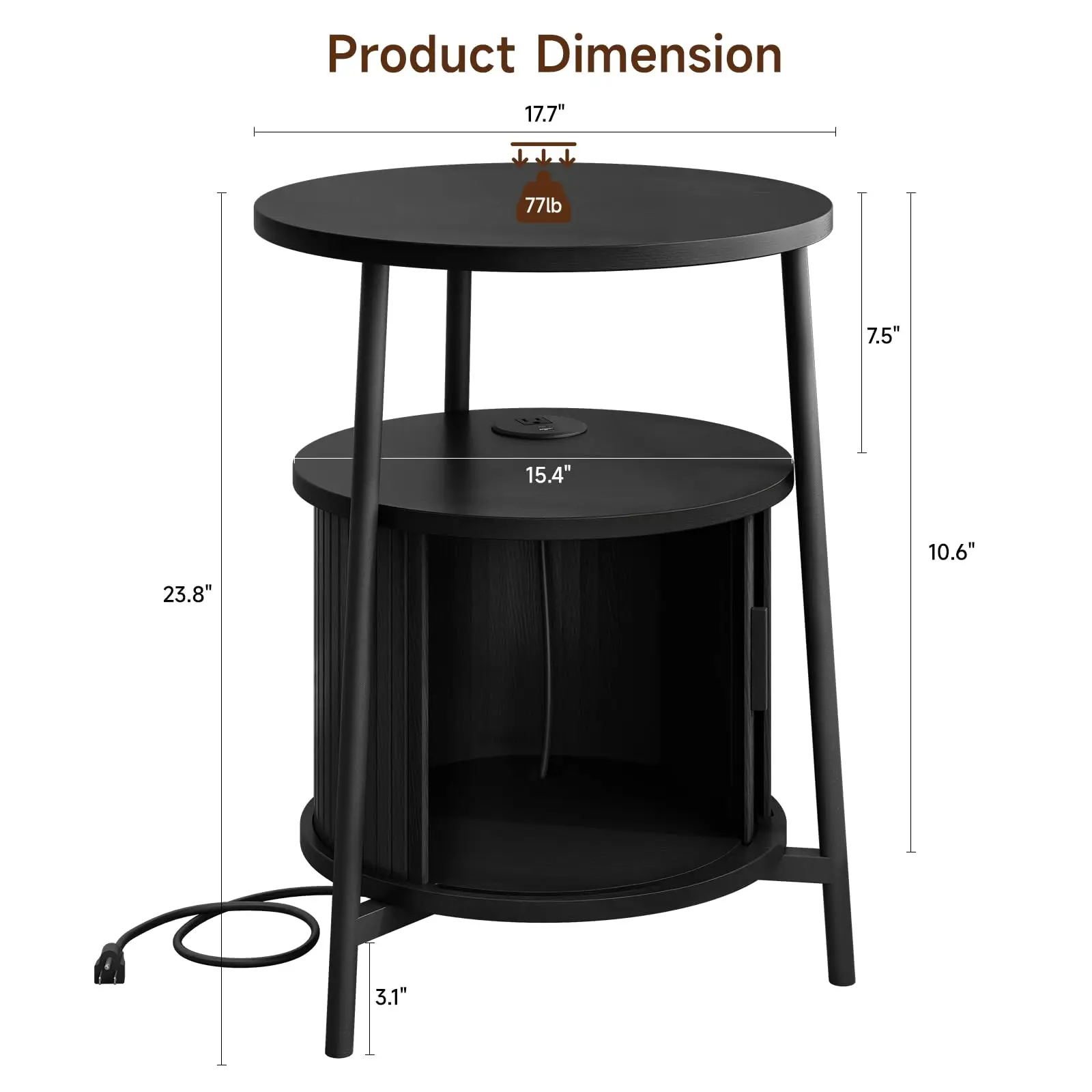 Black Small Round Side Table with Storage, Fluted Nightstand with Charging Station, Modern Bedside Tables, End Tables