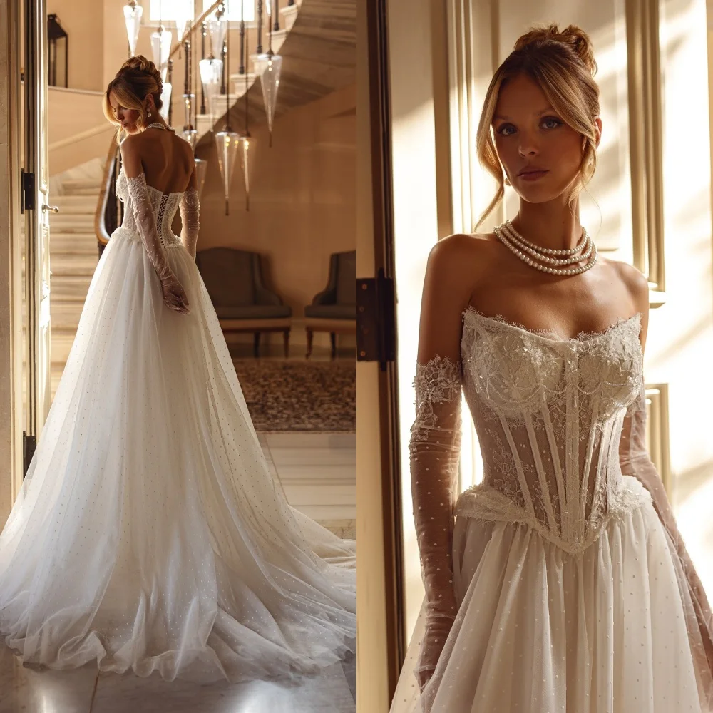 Gaun Pengantin Lengan Panjang Dapat Dilepas Tanpa Tali Elegan Kustom Gaun Pengantin Punggung Terbuka Renda Kereta Kapel Indah