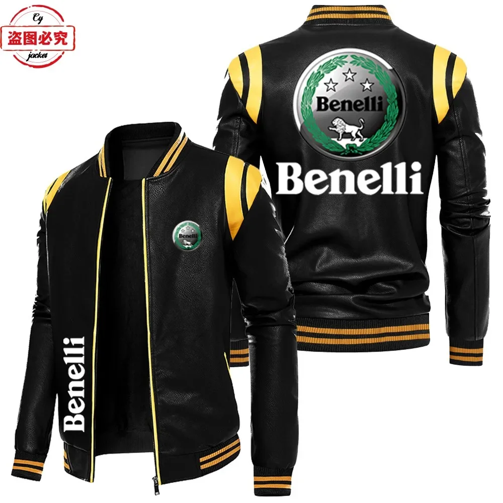 Benali motorcycle logo contrasting color leather jacket retro washed pu leather jacket windproof men's autumn and winter velvet