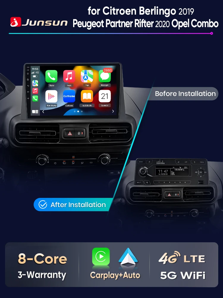 Junsun 10 Zoll Kabelloses CarPlay Android Auto Autoradio für Citroen Berlingo 2019 Peugeot Partner Rifter 2020 Opel Combo Multimedia Kabelloses Apple CarPlay Smart Intelligent Systems IPS Touchscreen