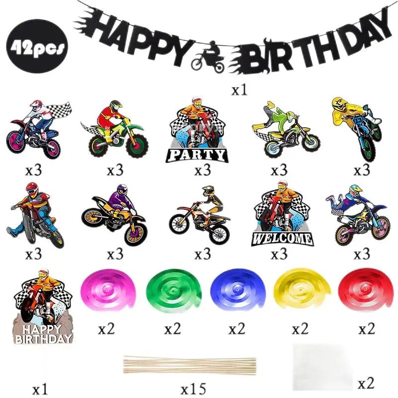 42Pcs Dirt Bike Return Party Decoration Kit Teens Favor Happy Birthday Banner Motorcycle Cake Topper With Swirl Hanging Supplies