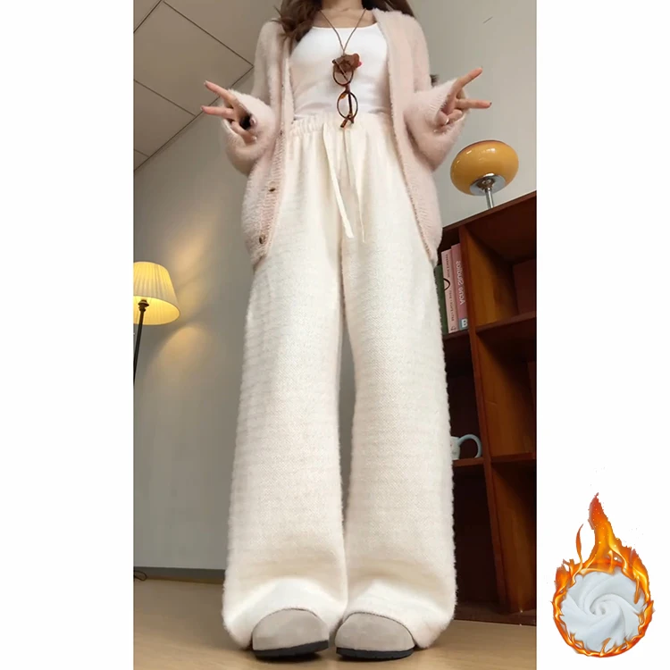 Thiened malha fce calças casuais femininas cintura alta perna reta outono inverno relaxar ajuste efeito de emagrecimento arroz macarrão calças