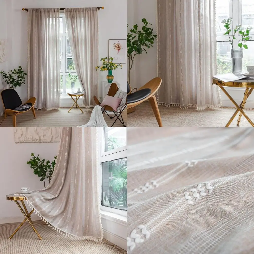 

Embroidered Striped Linen Curtains, 84 Long, Light Filtering, 2-Panel Set for Living Room and Bedroom, Rod Pocket, 52 Wide, Khak
