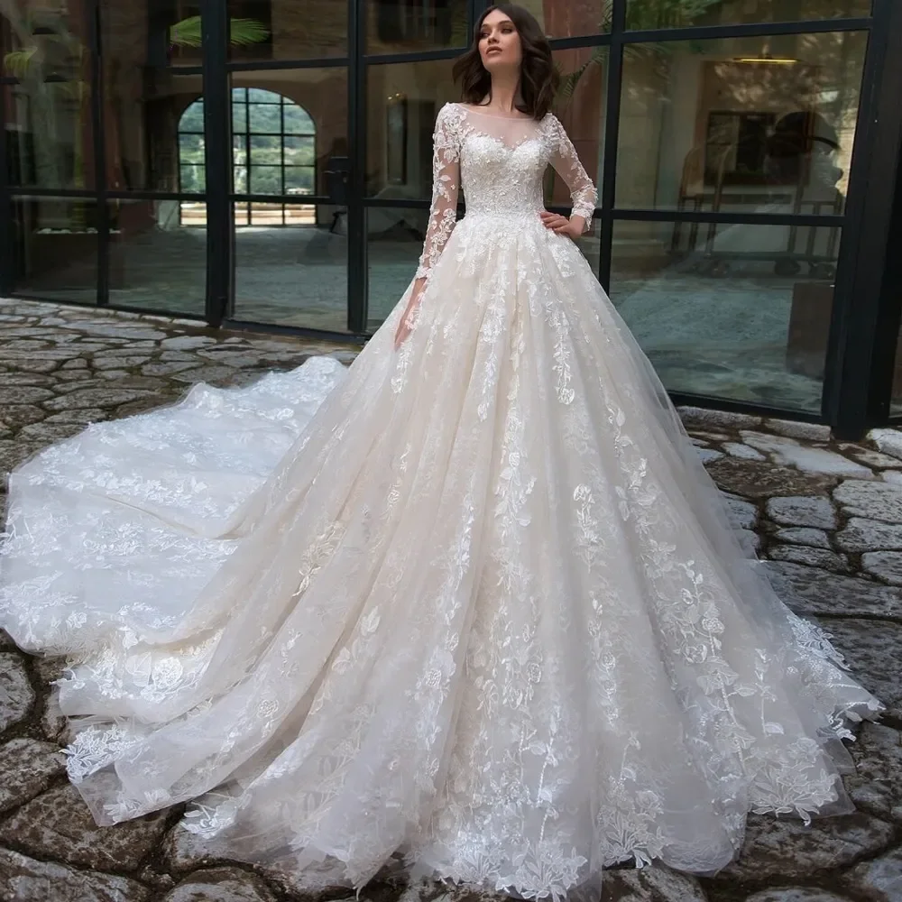 

Customized Elegant A-Line Chiffon Decal Bridal Dress Round-Neck Long-Sleeved Floor-Length Princess Bohemian Luxury Bridal Dress