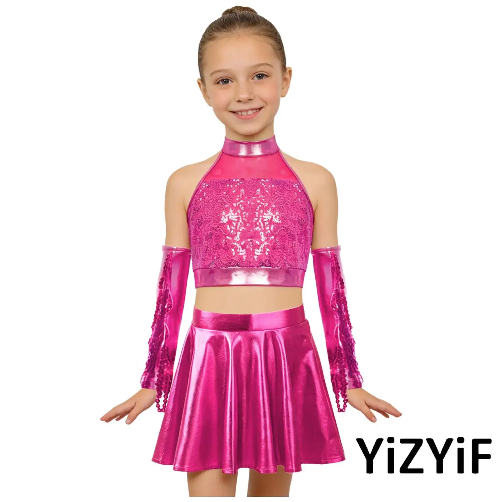 

Детский костюм для танцев в стиле хип-хоп для девочек, без рукавов, с вырезом на спине, блестящий, с пайетками, укороченный топ с юбкой и перчатками для джаза и уличных танцев