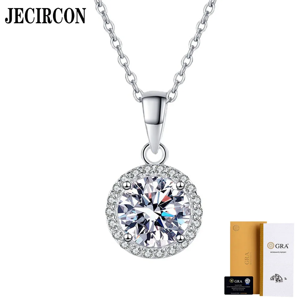 

JECIRCON S925 Sterling Silver Moissanite Necklace for Women Simple Round Bag Pendant Plated PT950 1ct Moissanite Clavicle Chain