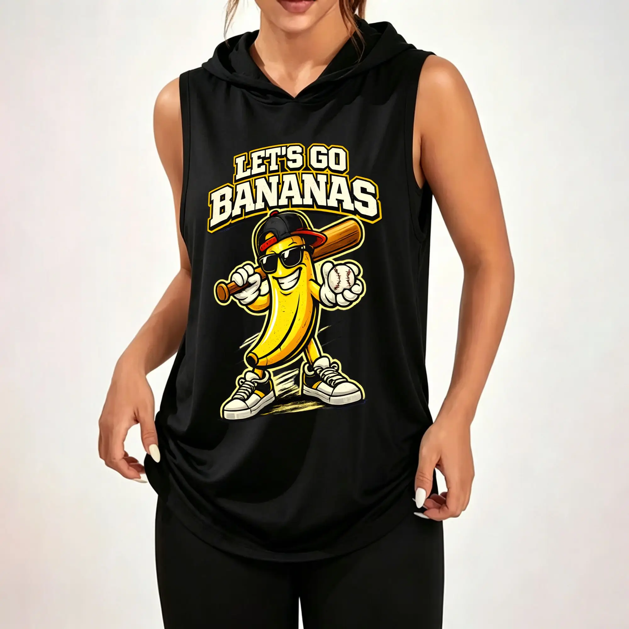 Women Sleeveless Hooded Tank Top Cartoon Baseball Banana Character Let's Go Bananas Graphic Print Casual Hooded Sleeveless Tank Top ****