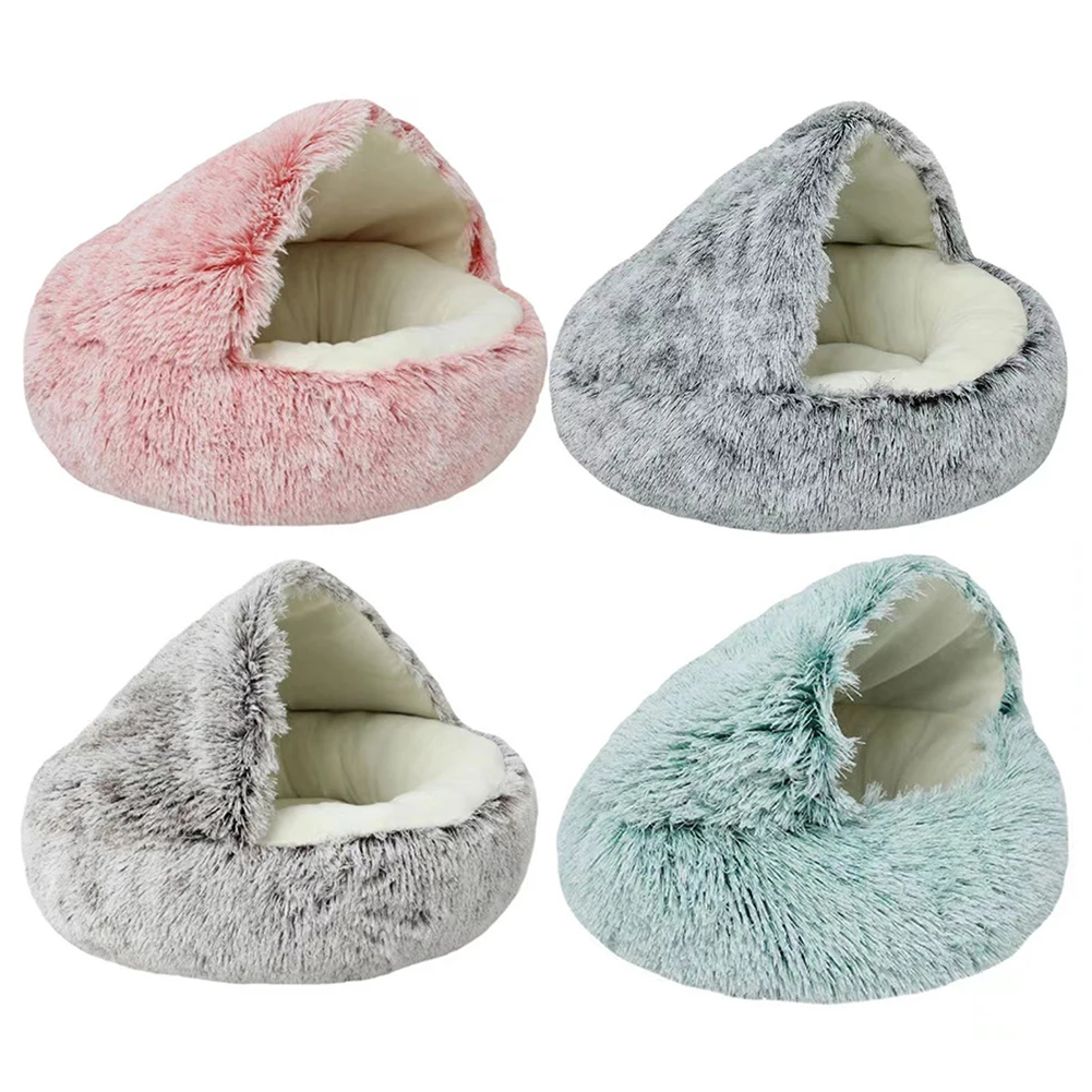 Round Fluffy Calming Dog Bed with Hooded Cover Warm Soft Plush Cozy Cat Cave Bed Pet Bed Cat Nest for Small Medium Pets