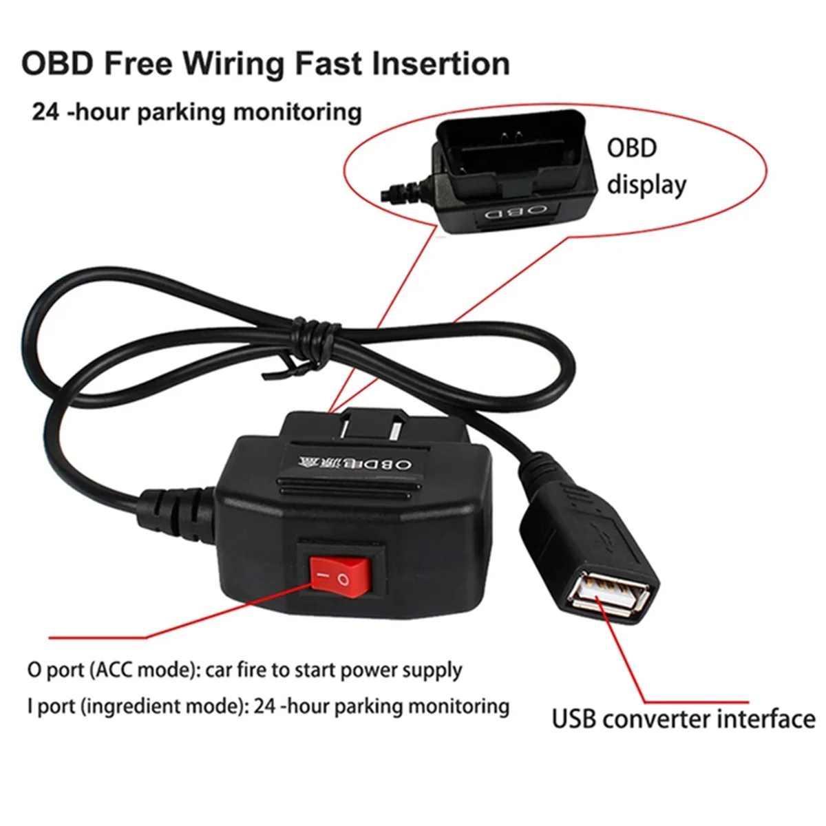 저용량 보호 차량 DVR 하드 와이어 키트, USB 포트 차량 충전 케이블, OBD 대시캠, 24 시간 주차 모니터링 액세서리, 5V 3A, 신제품