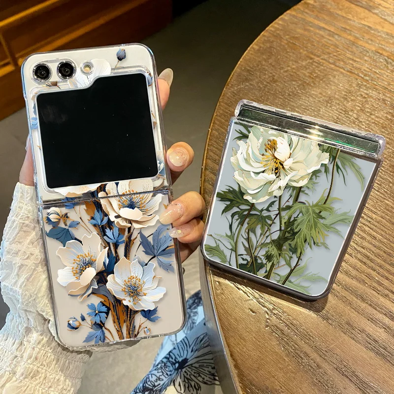 Purple Flowers Phone Case For Samsung Galaxy Z Flip7 FE Flip5 Flip6 Transparent PC Folding Cover For Samsung Z Flip 3 4 5 6 7 5G