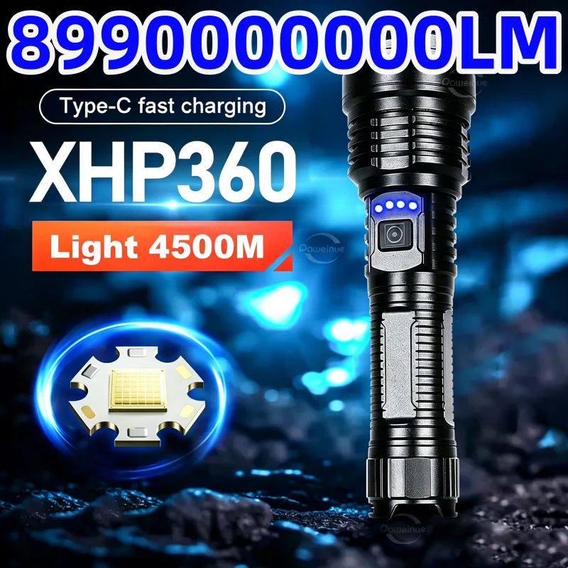 XHP360 LED Flashlight 899000000LM Super Bright 4500M Long Range Rechargeable Torch Tactical Flashlight Outdoor Camping Emergency
