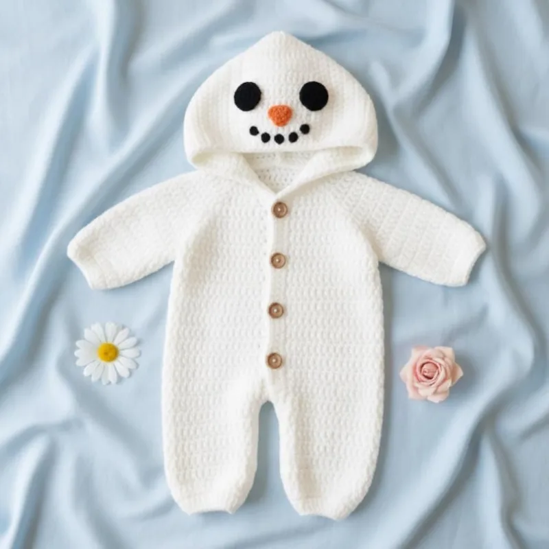 

Handmade Crochet Snowman Baby Romper & Shirt Set - Christmas Newborn Photoshoot Outfit with Matching Hat, Festive Gift Idea bebe