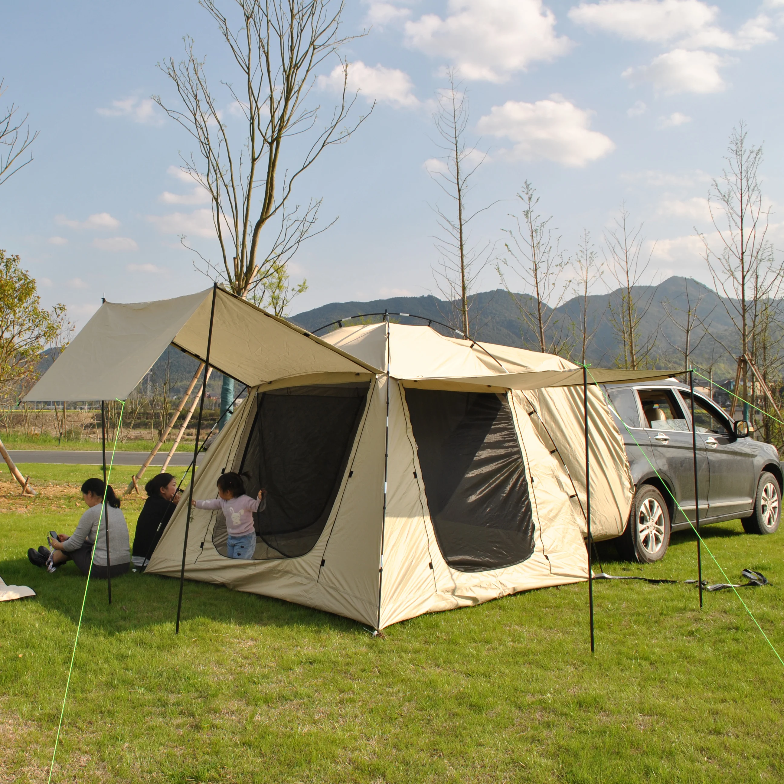 Car Rear Tent with Large Awning, Rear Tailgate Tents with Floor, 4 Person Family Camping, PU4000 Waterproof Fabric