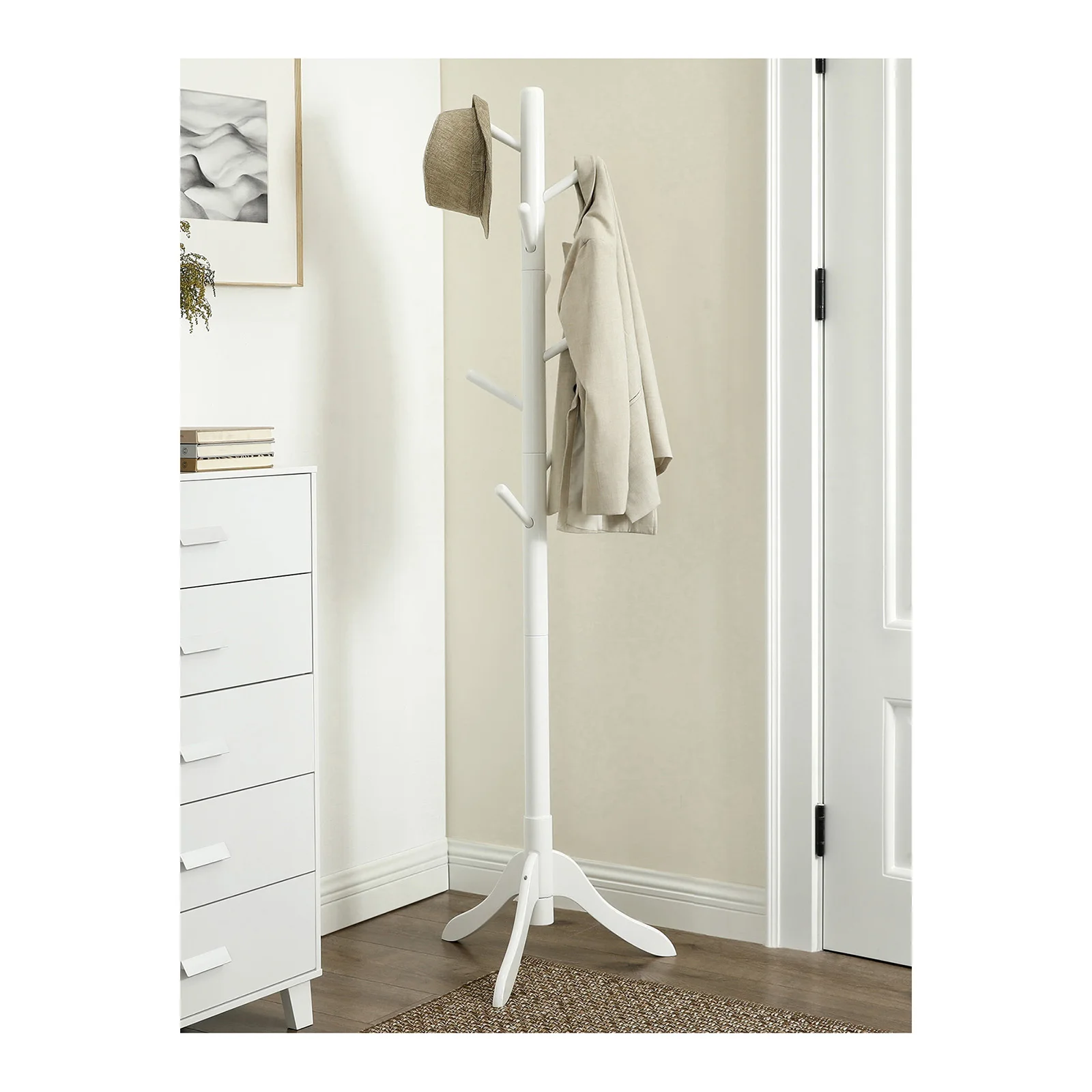 VASAGLE Standing Coat Rack: Solid Wood Tree-Shaped Rack with 8 Hooks, 3 Heights. For Clothes, Hats, Bags. Living Room, Bedroom