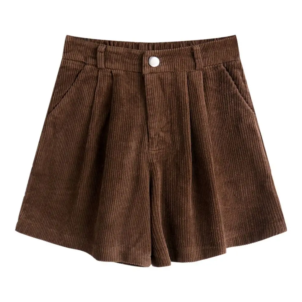Simple High Waist Women Corduroy Shorts Elastic Stripe Wide Leg Short Pants Large Size Two Pockets Loose Streetwear Girl