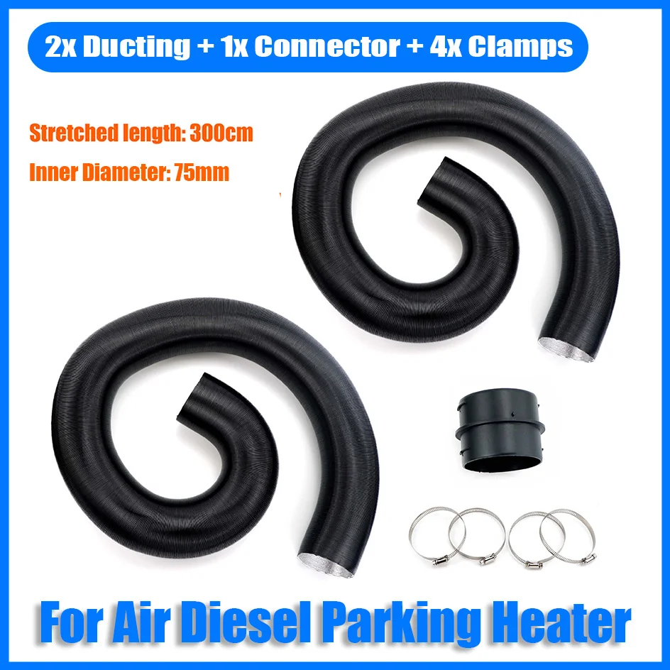 Air Diesel Heater 2x 75mm Diameter 300cm Length Duct Pipe Tube Hose Black + 1x Flat Connector + 4x Clamps Set For Car Truck VAN