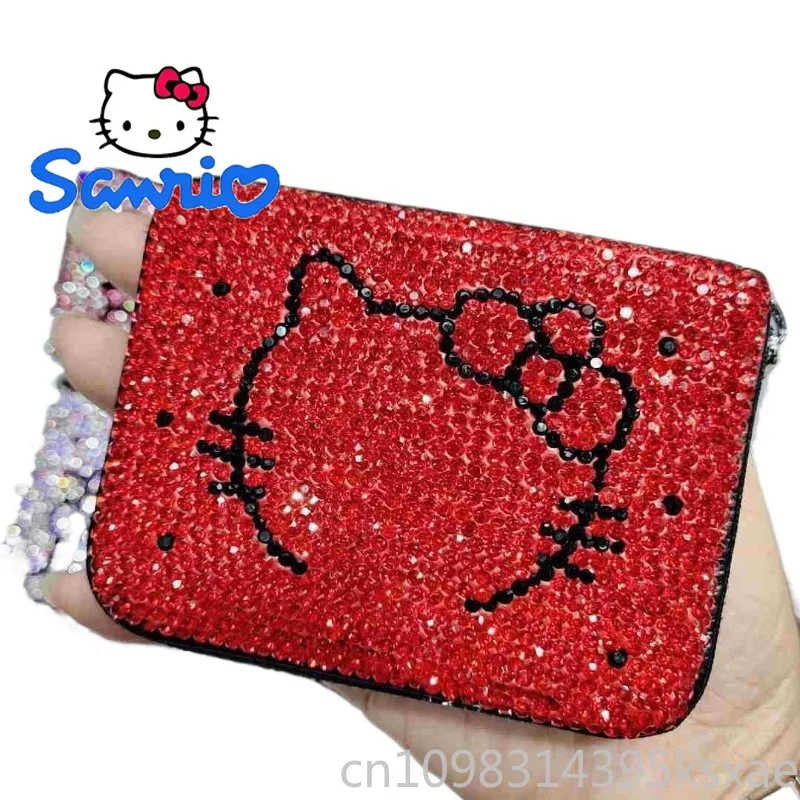 Hello Kitty Luxury Card Holder Genuine Leather Card Purse Handbag Women's Crystal Rhinestone Accordion Multi Slot Zipper Gift