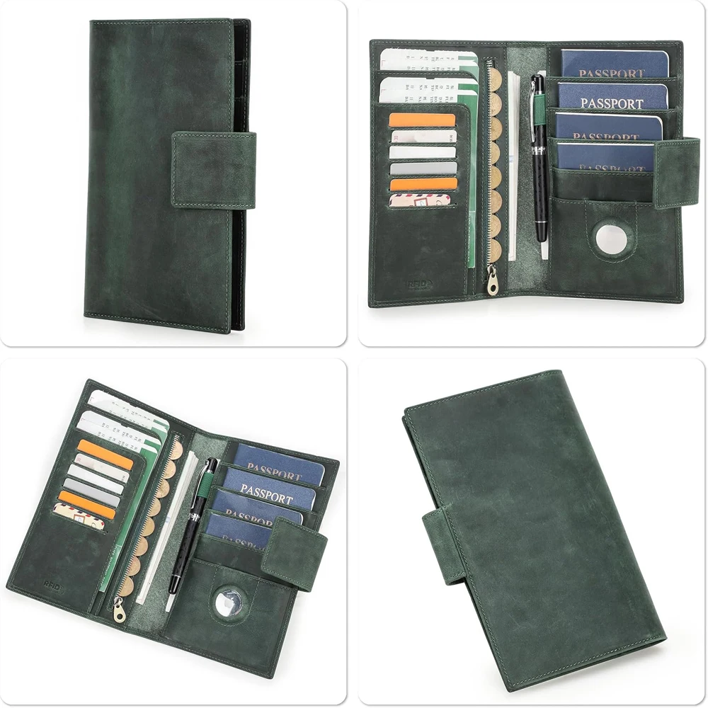 Top Grain Leather Passport Wallet RFID Blocking 4 Passports Holder Multi Card Slots Snap Button Large Capacity Travel Organizer