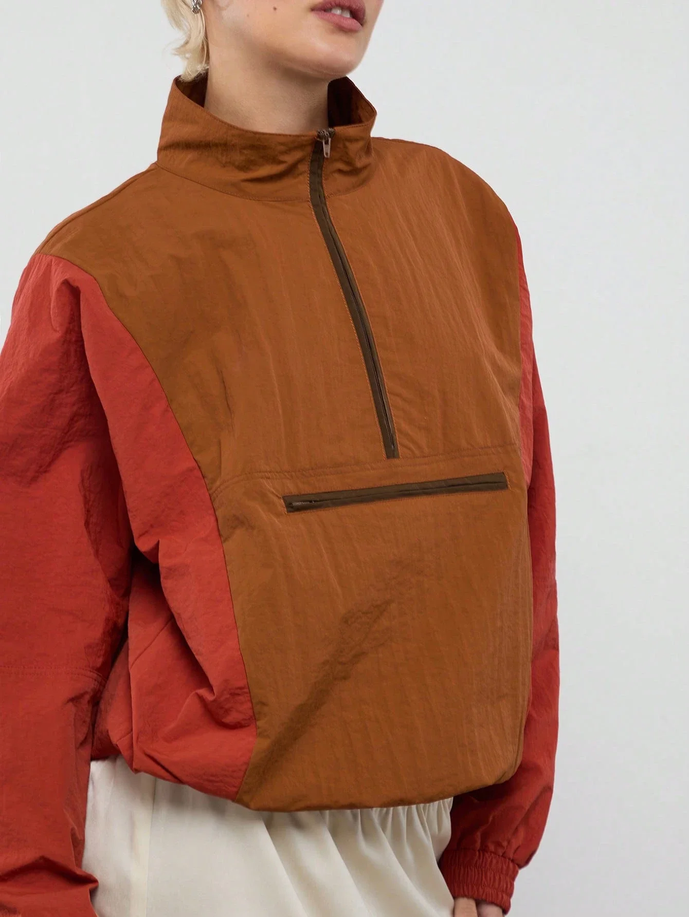 

Colorblock Nylon Half-Zip Jacket For Women Streetwear Casual Sporty Outfit
