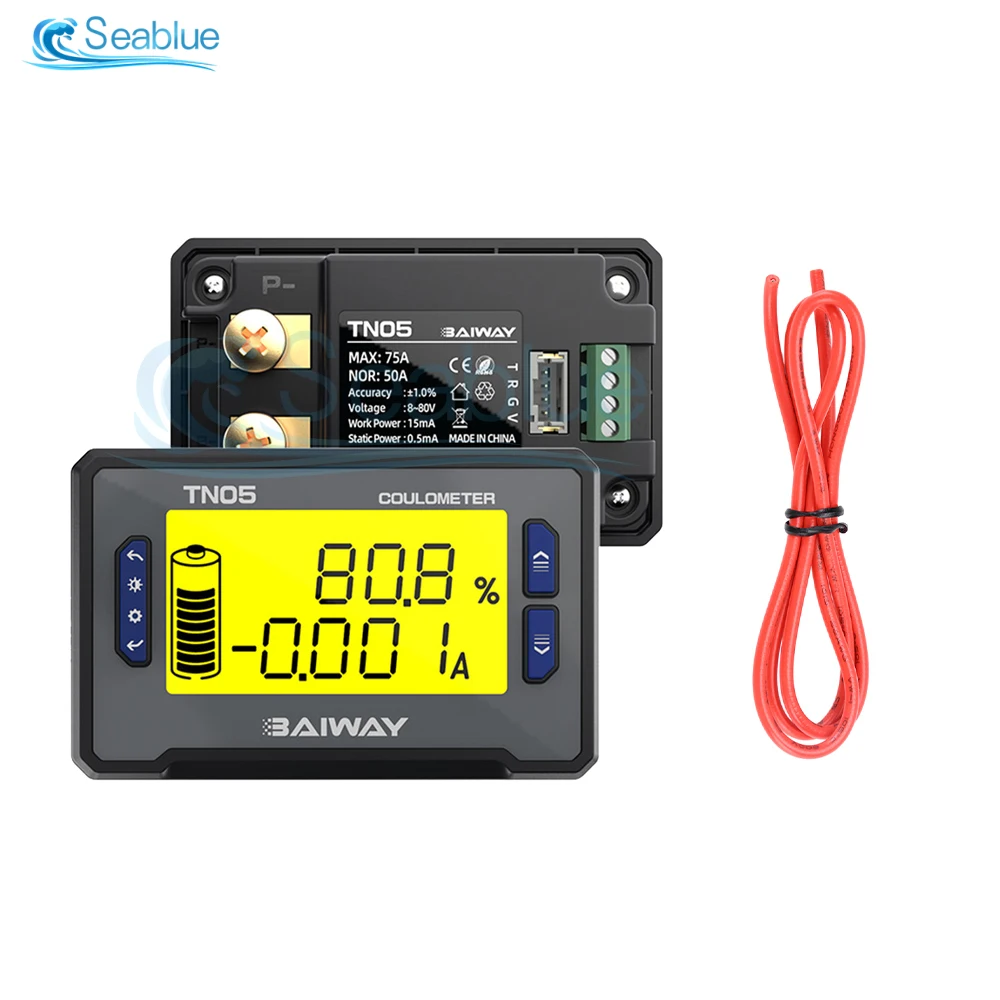 TN05 Battery Voltmeter DC 8-80V 50A Capacity Indicator Power Meter Lithium Cell 12V 24V 48V LCD Screen Display Built In Sampling