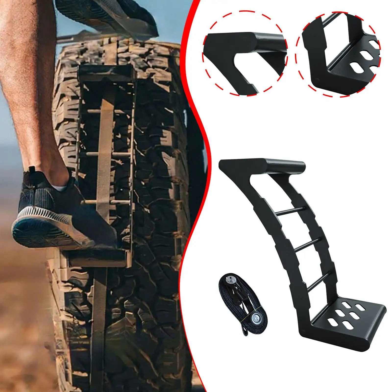 Durable Metal Wheel Step with Safety Strap Easy Fit Ladder for SUV Roof Maintenance and Loading