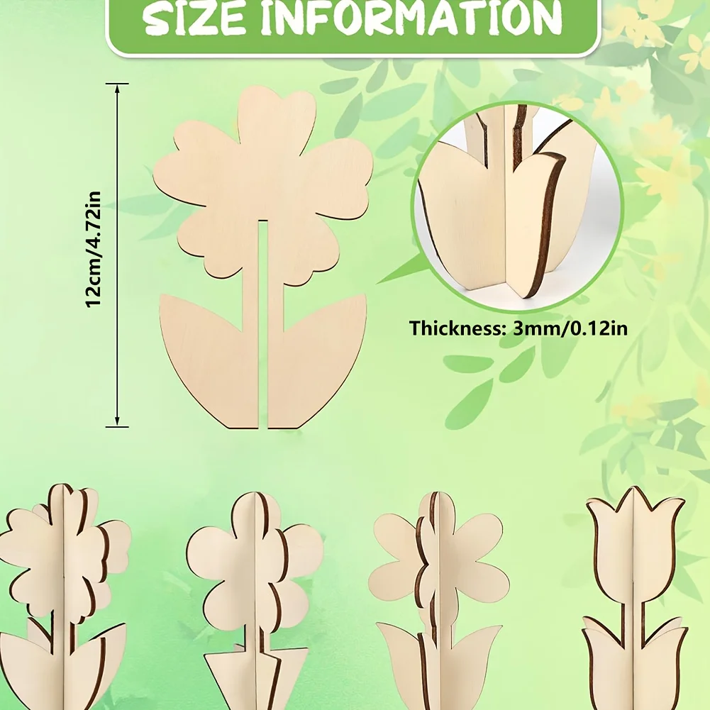 24pcs 4 Styles 3D Flower Spring Wooden Crafts, Suitable for Adult Painting, Paintable Unfinished Wood Pieces for Craft Making, F