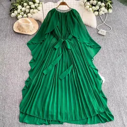 New Oversized Spring Green Chiffon Pleated Long Dress Elegant Women Diamonds O Neck Batwing Sleeve Lace Up Loose Clothes Robe