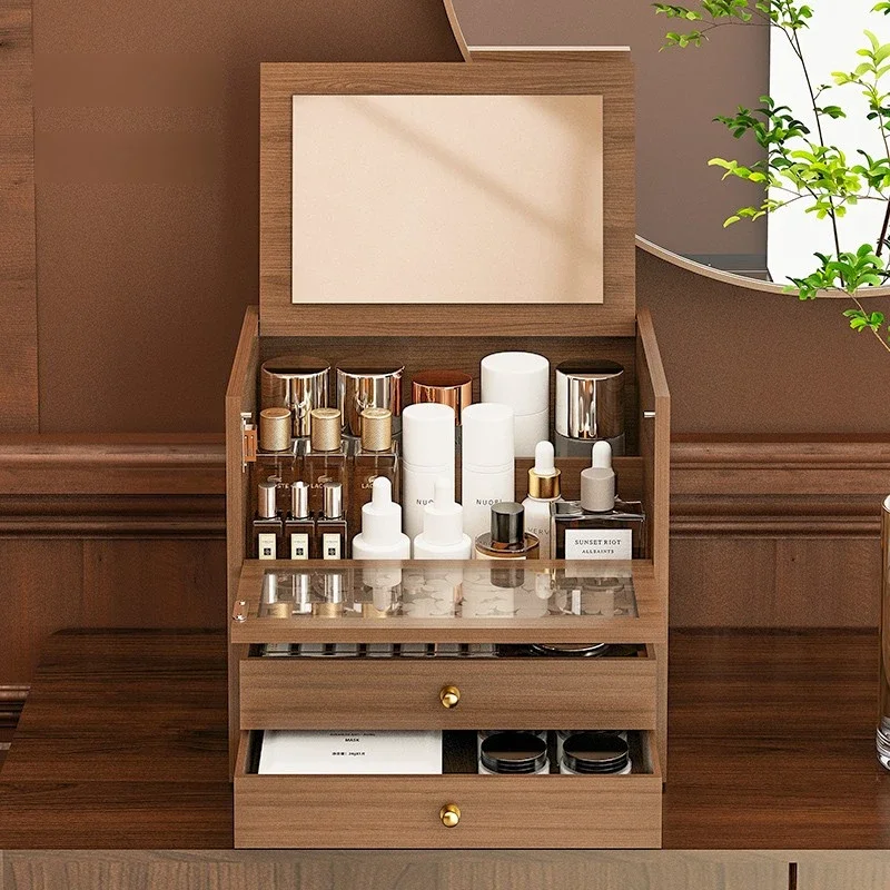 Dust-Proof Organizer with Mirror Makeup Storage System Modular Skincare Trays for Countertop/Bathroom Capacity Cosmetic Case