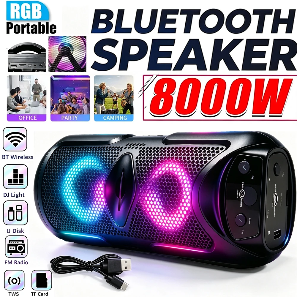 8800W Portable wireless Bluetooth speaker with multi-mode colorful lights. Supports TF card, USB Type-C port and FM radio. Suitable for parties, outdoor camping, square dancing and other occasions. A lovely gift.
