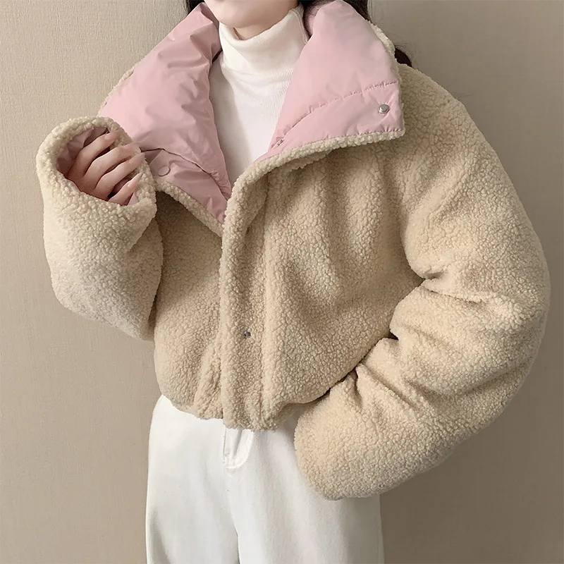 Short Coat Women's Winter Jacket Korean Lapel Imitation Lamb Wool Cotton Loose Double-sided Wear Long-sleeved Bread Clothes