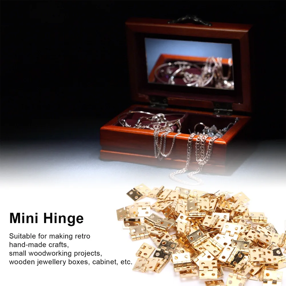 100PCS Brass Mini Hinge 10x8MM Gold Tiny Hinge Hardware With Screws Retro Style Folding Hinges Miniature Furniture