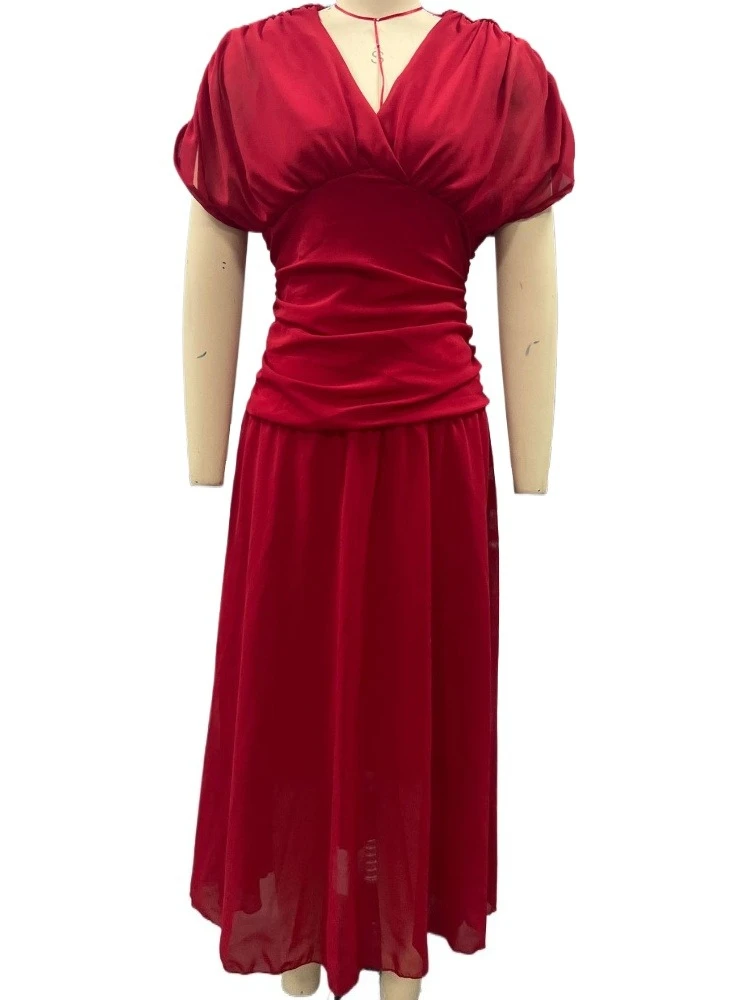 

Elegant Off Shoulder Ruched High Low Chiffon Long Party Dress With Short Sleeves