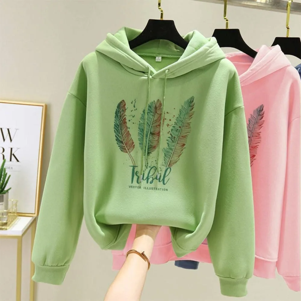 

Long Sleeve Feather Printed Hoodies Thickening with Drawstring Hood Women Loose Sweatshirt Plus Size with Fluff