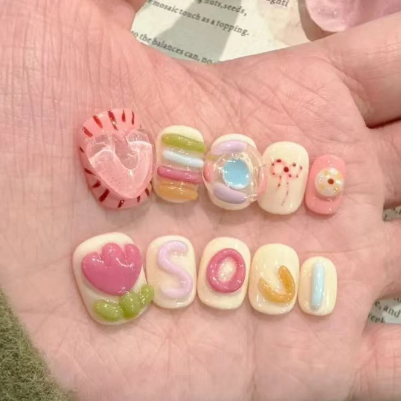 

10pcs Spring Cartoon Design Handmade Nails Tips Cute Flower Colorful Short Square Press on False Nails Art Acrylic Bow Fake Nail